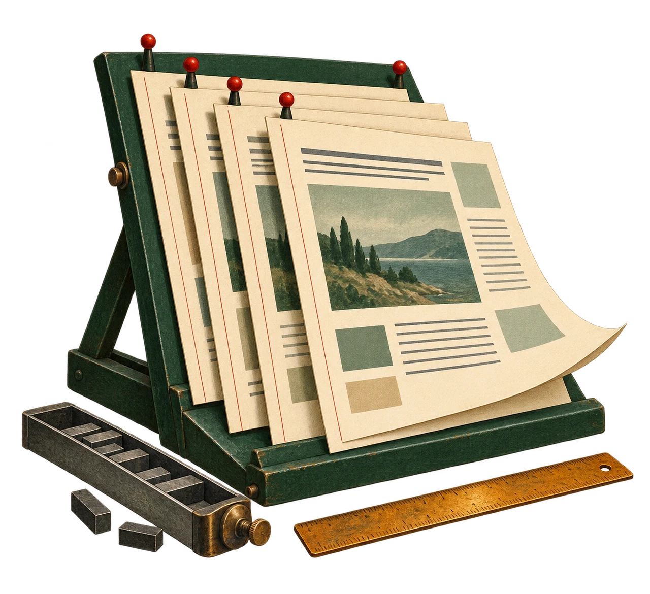 Layered printed pages on a dark green composing stand