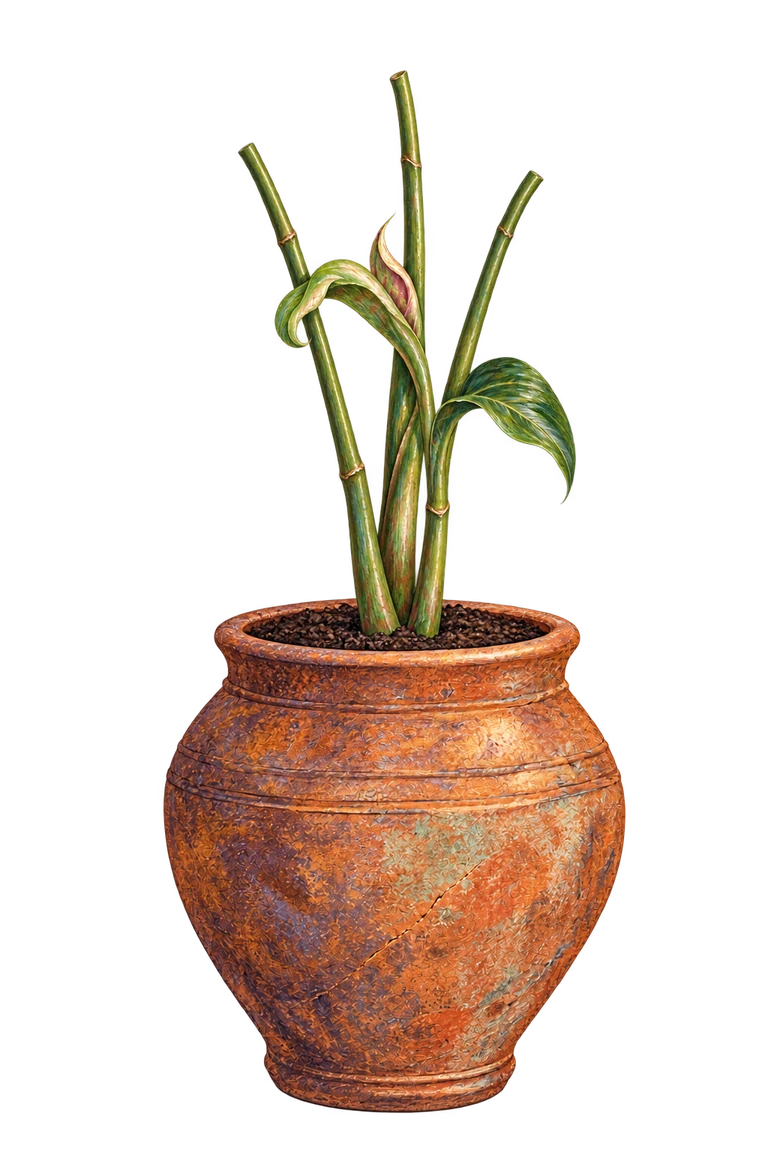 Painted terracotta pot and stems
