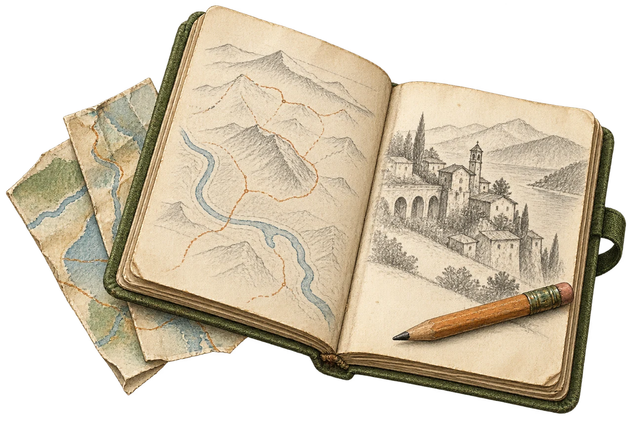 An illustrated open travel notebook with map scraps and a pencil