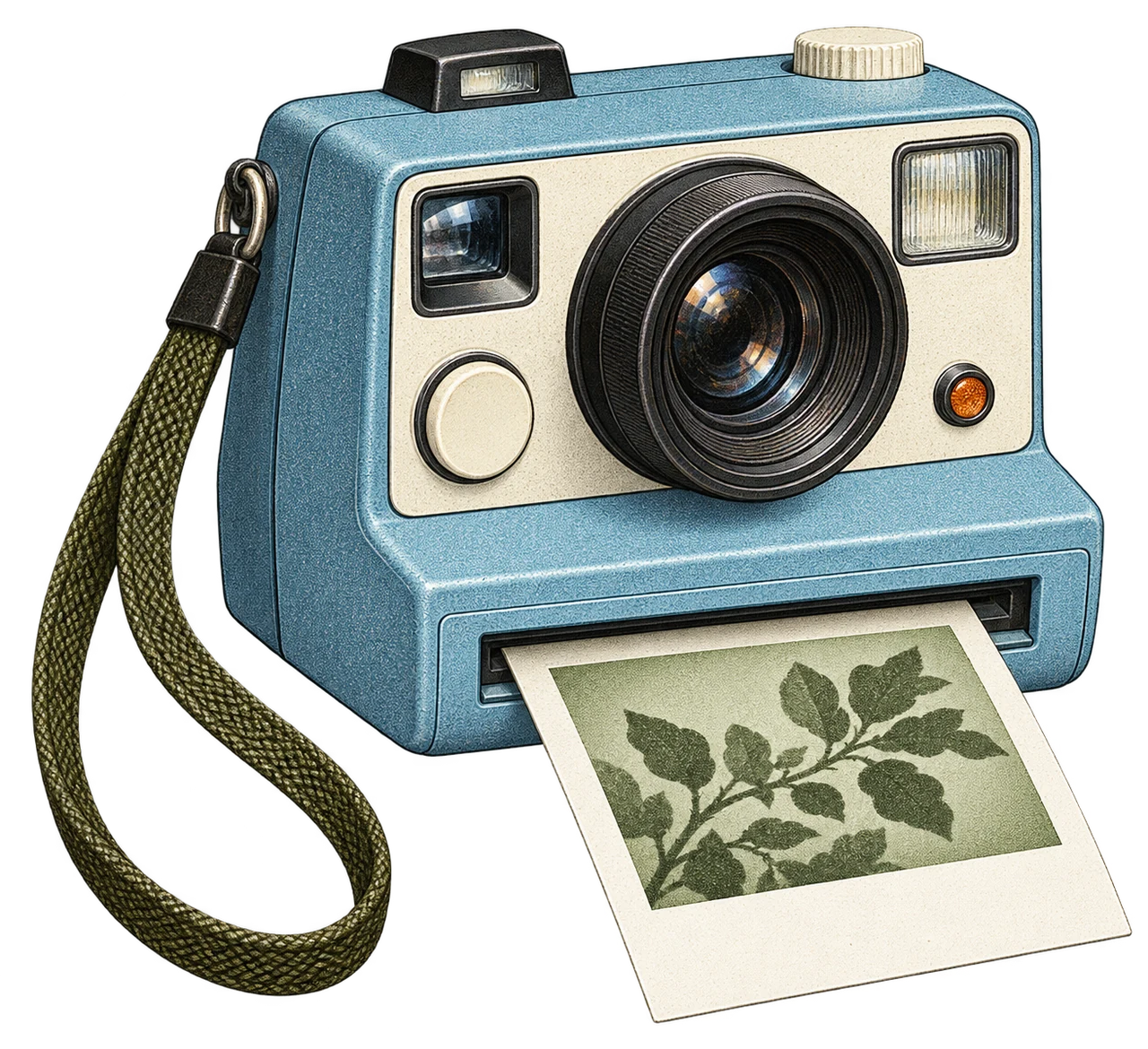 Blue instant-camera illustration with a botanical print