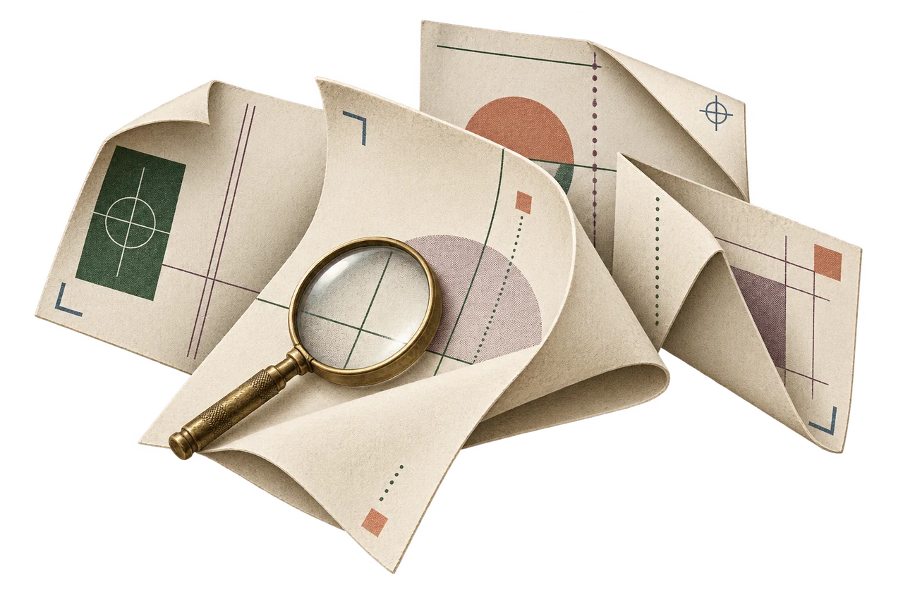 Folded document pages and a magnifying glass, an illustration of document understanding