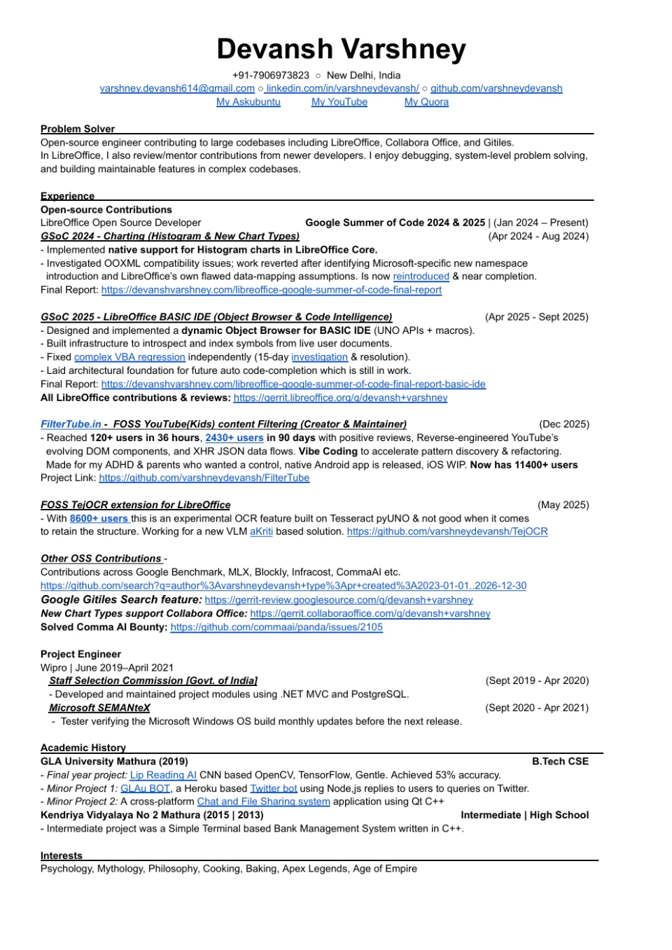 Complete one-page résumé of Devansh Varshney, exported 15 October 2026