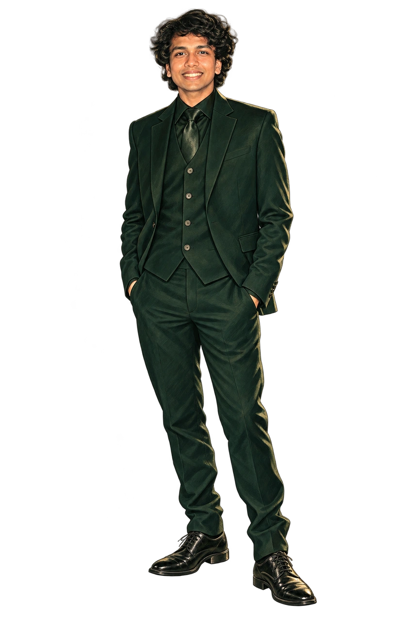Illustrated full-length portrait of Devansh in a green suit