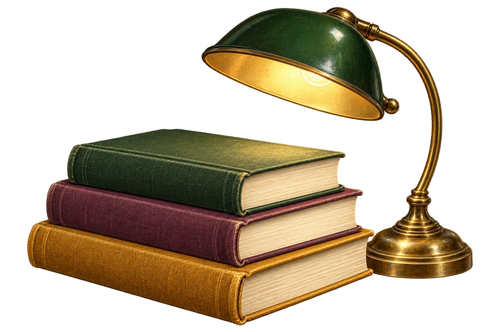 An illustrated brass and green reading lamp beside a stack of books